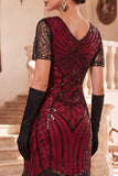 Robe midi des années 1920, paillettes noires rouges, perles et franges, avec ensemble d’accessoires en 4 pièces