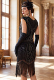 Robe midi noire à col rond à paillettes, perles et franges, robe midi des années 1920 avec ensemble d’accessoires 5 pièces