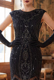 Robe midi noire à col rond à paillettes, perles et franges, robe midi des années 1920 avec ensemble d’accessoires 5 pièces