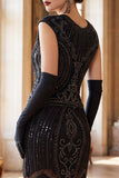 Robe midi noire à col rond à paillettes, perles et franges, robe midi des années 1920 avec ensemble d’accessoires 5 pièces