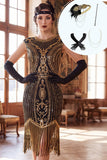 Robe midi des années 1920 à col rond doré noir à sequins ronds à manches franges, robe midi des années 1920 avec ensemble d’accessoires en 4 pièces