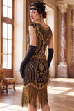 Robe midi des années 1920 à col rond doré noir à sequins ronds à manches franges, robe midi des années 1920 avec ensemble d’accessoires en 4 pièces