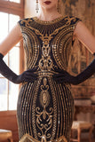 Robe midi des années 1920 à col rond doré noir à sequins ronds à manches franges, robe midi des années 1920 avec ensemble d’accessoires en 4 pièces