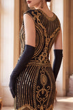 Robe midi des années 1920 à col rond doré noir à sequins ronds à manches franges, robe midi des années 1920 avec ensemble d’accessoires en 4 pièces