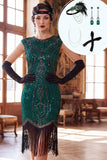 Robe Bodycon vert foncé à col rond à manches franges, robe midi années 1920 avec ensemble d’accessoires 4 pièces