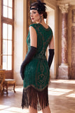 Robe Bodycon vert foncé à col rond à manches franges, robe midi années 1920 avec ensemble d’accessoires 4 pièces