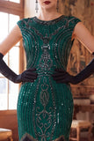Robe Bodycon vert foncé à col rond à manches franges, robe midi années 1920 avec ensemble d’accessoires 4 pièces