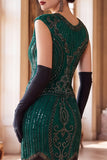 Robe Bodycon vert foncé à col rond à manches franges, robe midi années 1920 avec ensemble d’accessoires 4 pièces