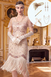 Robe bodycon midi midi des années 1920 à paillettes abricot à franges avec ensemble d’accessoires 5 pièces