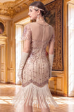 Robe bodycon midi midi des années 1920 à paillettes abricot à franges avec ensemble d’accessoires 5 pièces