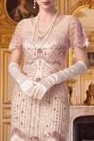 Robe bodycon midi midi des années 1920 à paillettes abricot à franges avec ensemble d’accessoires 5 pièces