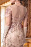 Robe bodycon midi midi des années 1920 à paillettes abricot à franges avec ensemble d’accessoires 5 pièces