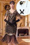 Robe midi mouillante noire dorée à paillettes à franges des années 1920 avec ensemble d’accessoires en 4 pièces