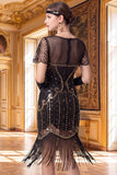 Robe midi mouillante noire dorée à paillettes à franges des années 1920 avec ensemble d’accessoires en 4 pièces