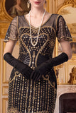 Robe midi mouillante noire dorée à paillettes à franges des années 1920 avec ensemble d’accessoires en 4 pièces
