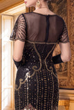 Robe midi mouillante noire dorée à paillettes à franges des années 1920 avec ensemble d’accessoires en 4 pièces