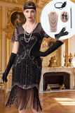 Robe bodycon midi des années 1920 en argent, paillettes argentées noires à franges