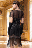 Robe bodycon midi des années 1920 en argent, paillettes argentées noires à franges