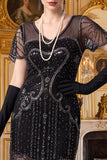 Robe bodycon midi des années 1920 en argent, paillettes argentées noires à franges
