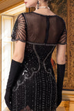Robe bodycon midi des années 1920 en argent, paillettes argentées noires à franges