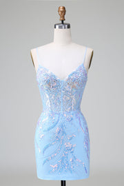 Robe de bal courte à dos ouvert à paillettes bleues corset avec broderie