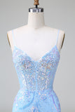 Robe de bal courte à dos ouvert à paillettes bleues corset avec broderie