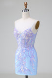 Robe de bal courte à dos ouvert à paillettes bleues corset avec broderie