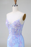 Robe de bal courte à dos ouvert à paillettes bleues corset avec broderie