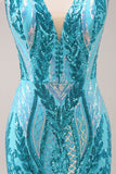 Robe de soirée Court à col en V moulante bleue scintillante avec paillettes