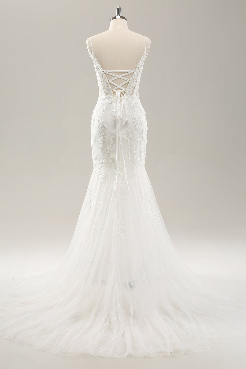 Charger l&#39;image dans la galerie, Robe de mariée corset sirène blanche en tulle avec dentelle appliquée