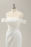 Robe de mariée en satin plissé à épaule dénudée sirène blanche avec fente