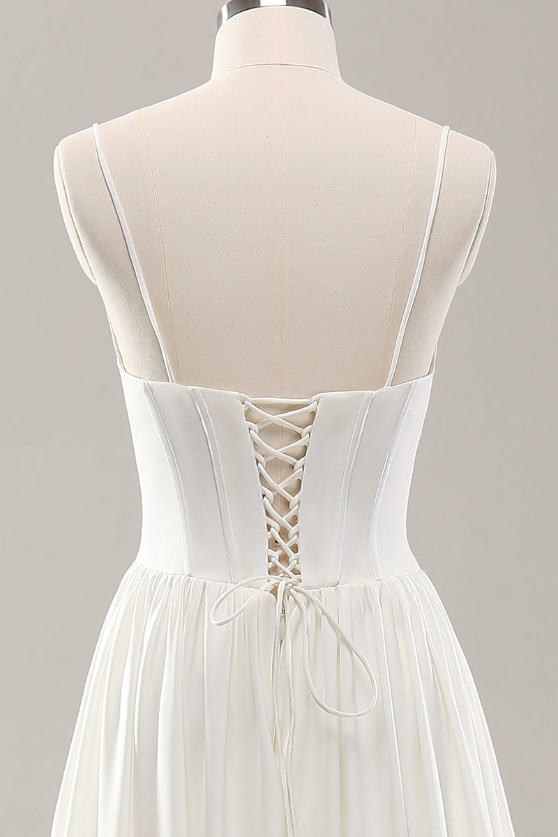 Charger l&#39;image dans la galerie, Robe de mariée blanche à bretelles spaghetti en satin avec fente