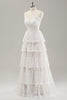 Charger l&#39;image dans la galerie, Robe de mariée en dentelle à volants spaghetti blanc à plusieurs niveaux avec lacets dans le dos