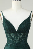 Spaghetti Straps Corset vert foncé Robe de soirée avec perles