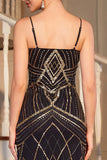 Robe midi des années 1920 à paillettes noires