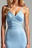 Robe de bal longue à col en V froncé sirène bleu ciel