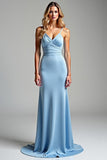 Robe de bal longue à col en V froncé sirène bleu ciel