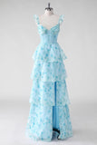Corset bleu à volants A Line, longue robe fleurie avec fente