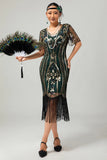 Flapper noir à paillettes dorées Robe moulante à franges des années 1920