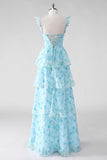Corset bleu à volants A Line, longue robe fleurie avec fente