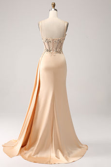 Élégante robe de Soirée en satin plissé sirène champagne avec appliques