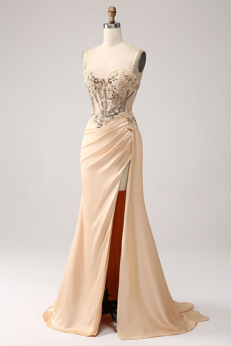 Charger l&#39;image dans la galerie, Élégante robe de Soirée en satin plissé sirène champagne avec appliques