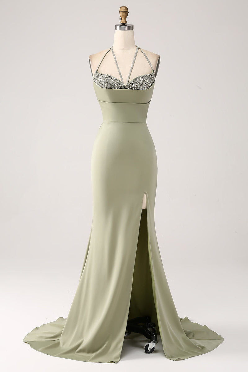 Charger l&#39;image dans la galerie, Fourreau pistache col V perlé longue robe de Soirée avec fente