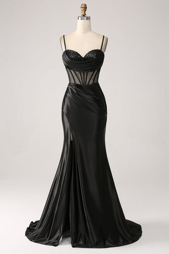Sirène chérie robe longue longue en satin noir avec perles