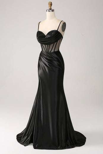 Sirène chérie robe longue longue en satin noir avec perles