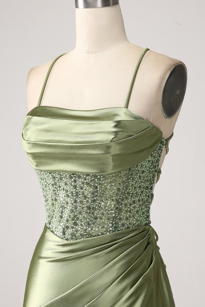 Charger l&#39;image dans la galerie, Robe de Soirée longue à paillettes à encolure col bleu sirène vert armée avec fente