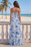 Robe de soirée longue bleu et blanc ligne A bustier à volants superposés avec fente