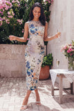 Robe midi à fleurs froncées imprimées en tulle avec col bodycon et illusion