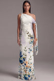Robe noire à fleurs fronceuses à sirène à col asymétrique
