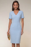 Robe de travail Midi Bodycon Navy à col en V à manches courtes avec fente